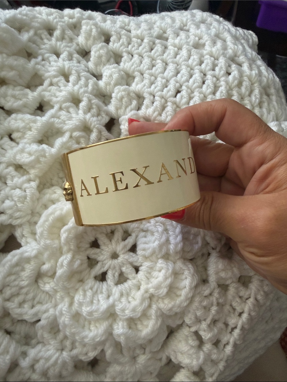 Alexander McQueen White Enamel and Gold-Tone Logo Cuff Bracelet - Picture 2 of 6